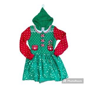 Girls Green & Red Knit Christmas Elf Hoodie Holiday Tulle Dress Large (10-12)